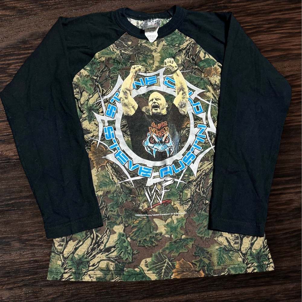 VINTAGE WWF Stone Cold Steve Austin Ringer T-Shirt Youth M Camouflage 90s
